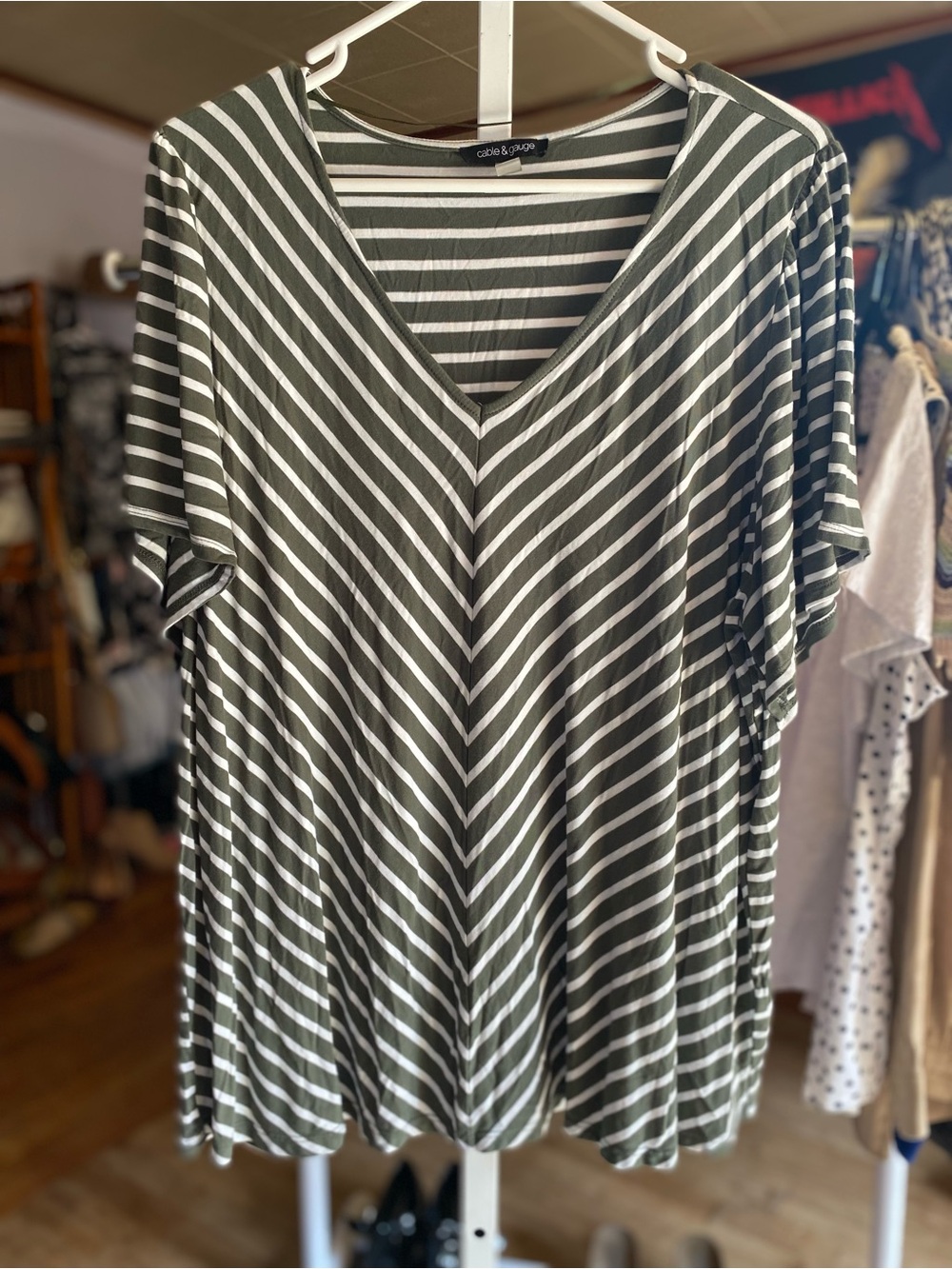 Cable & Gauge Olive & White Striped V-Neck Tunic